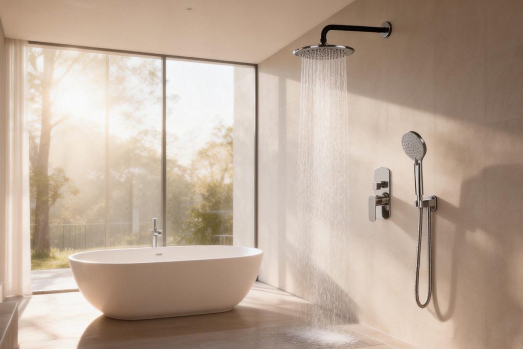 luxury modern shower in spacious bathroom