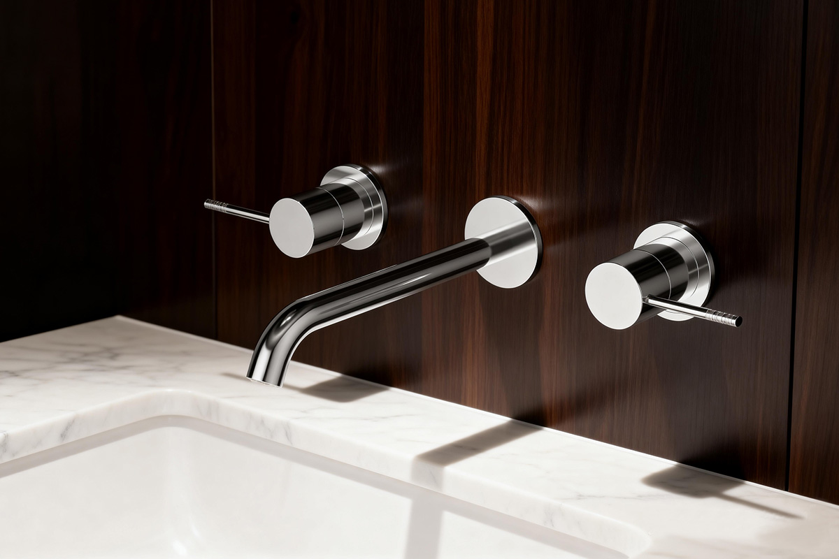 Brushed nickel bathroom faucet on marble vanity with soap dispenser.