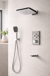 A modern shower with a rainfall showerhead and a handheld shower with chrome controls in a tiled bathroom