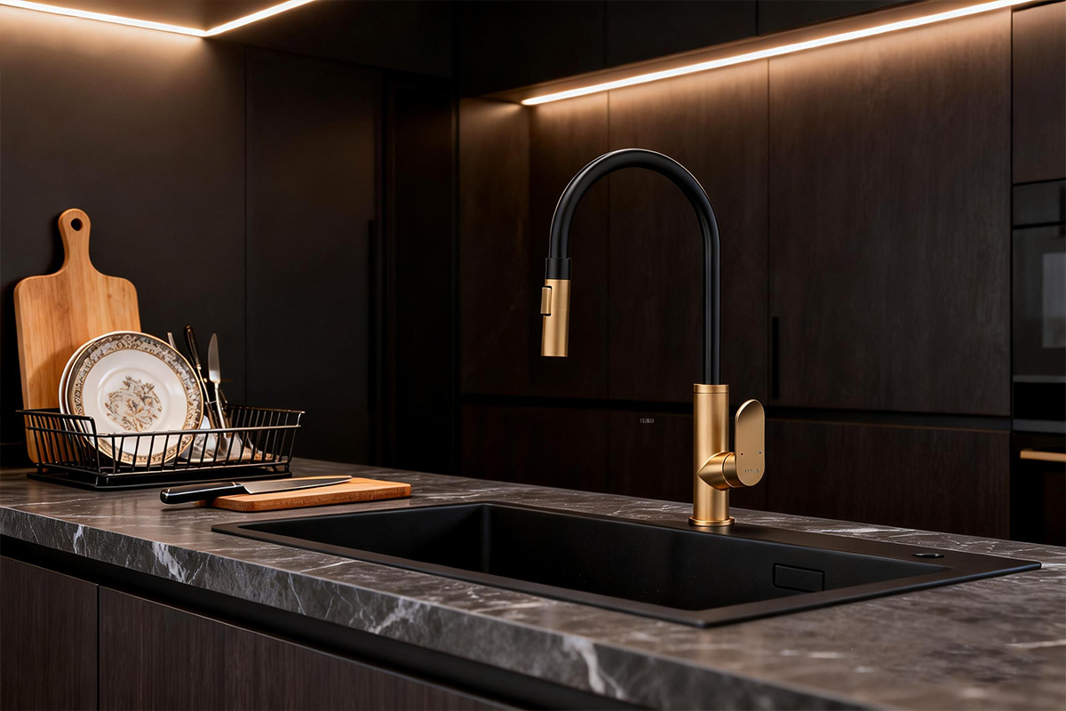 the image features a luxurious kitchen with a beautifully designed brass faucet prominently displayed in the foreground. The faucet features intricate detailing