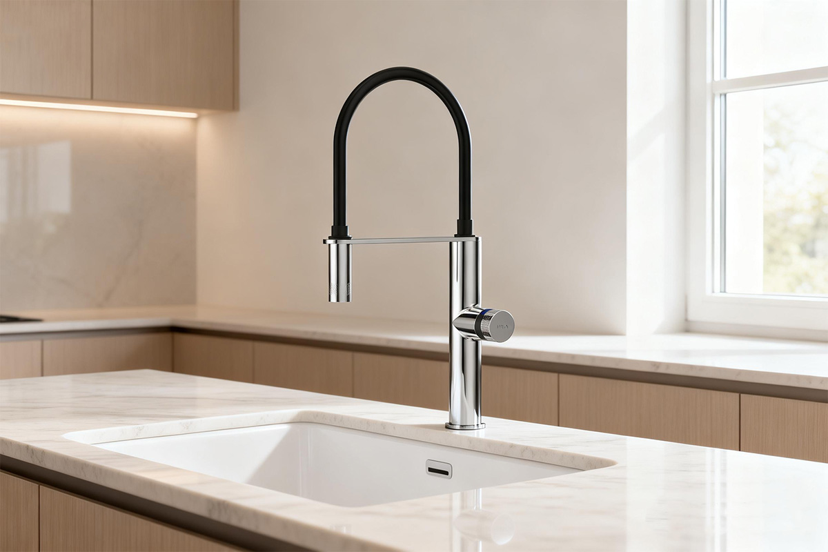 this image shows a stylish and modern kitchen with a minimalist design and marble countertops