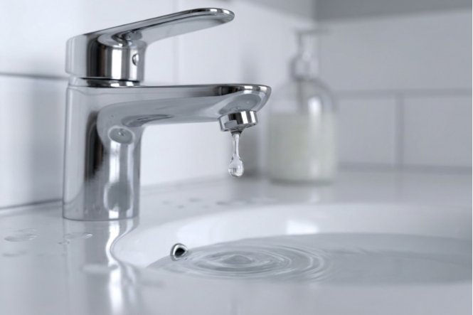 A leaking modern bathroom faucet is dripping water.