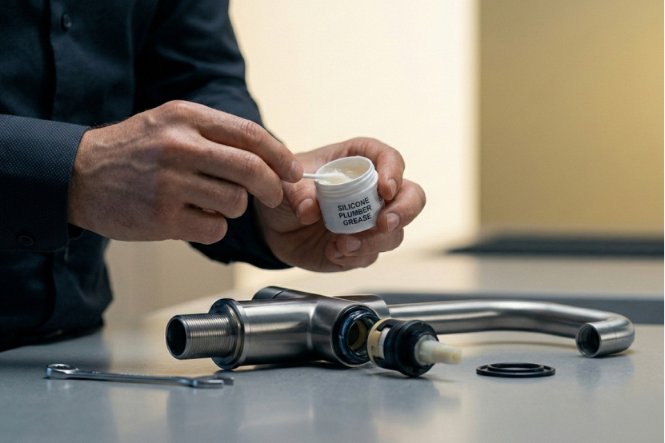 Lubricating kitchen faucet parts with grease.