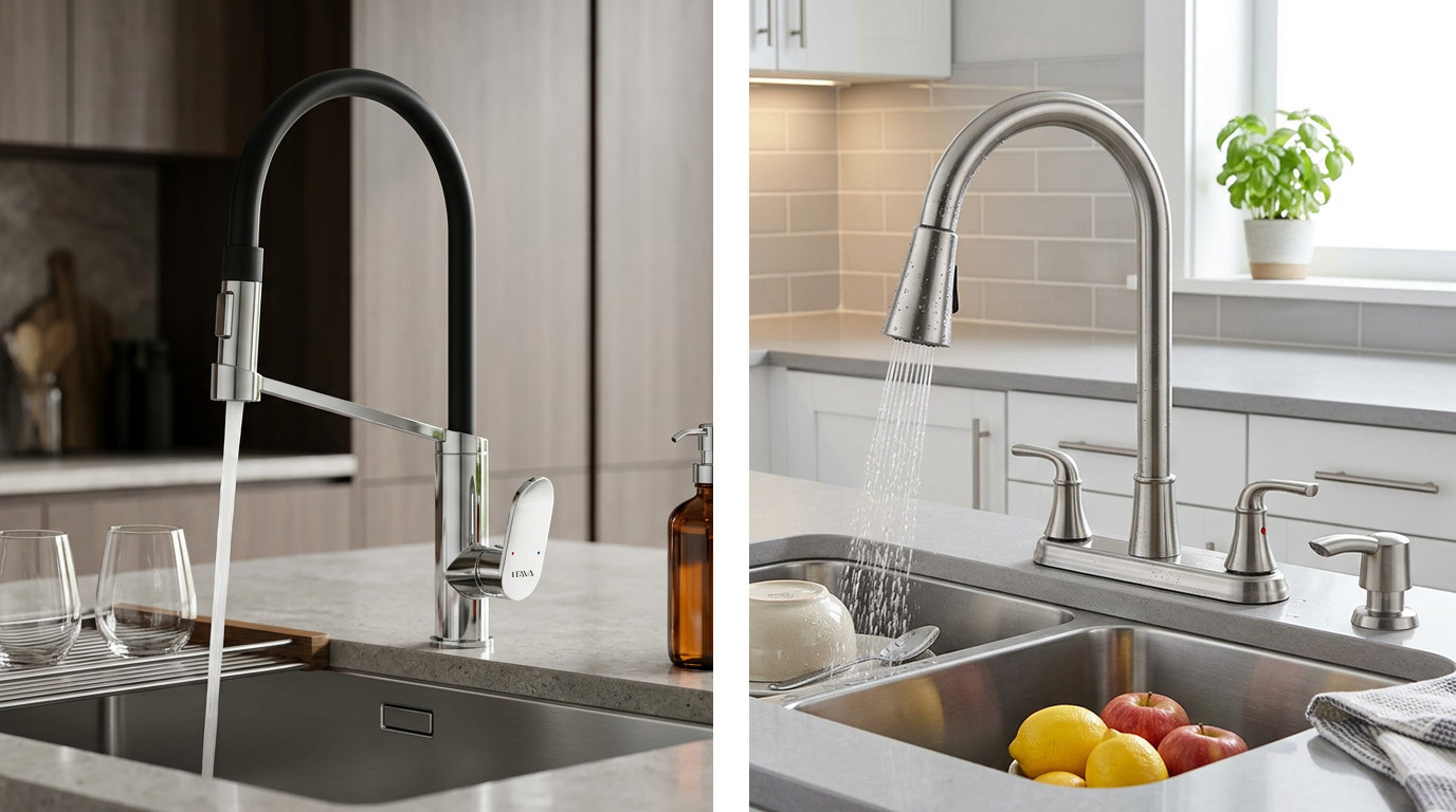 Single lever kitchen mixer vs two handle kitchen tap at a sink, side-by-side comparison@1x_1