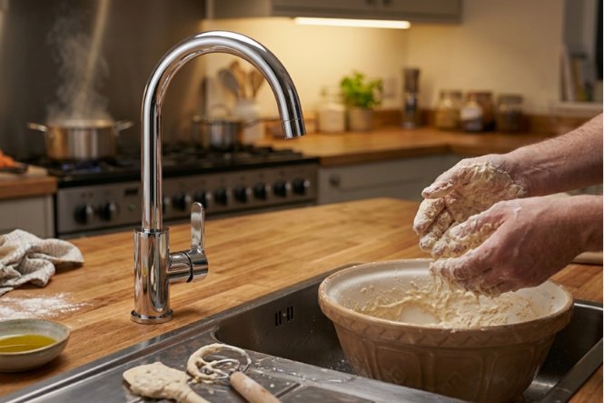 Using forearm to turn on a single-lever kitchen faucet with dough-covered hands.