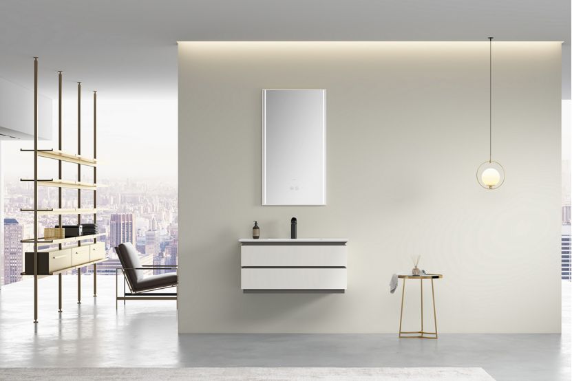 a minimalist bathroom space, featuring a floating vanity and a square LED mirror.