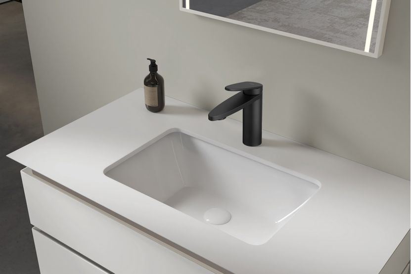carara white floating vanity with marble countertop.