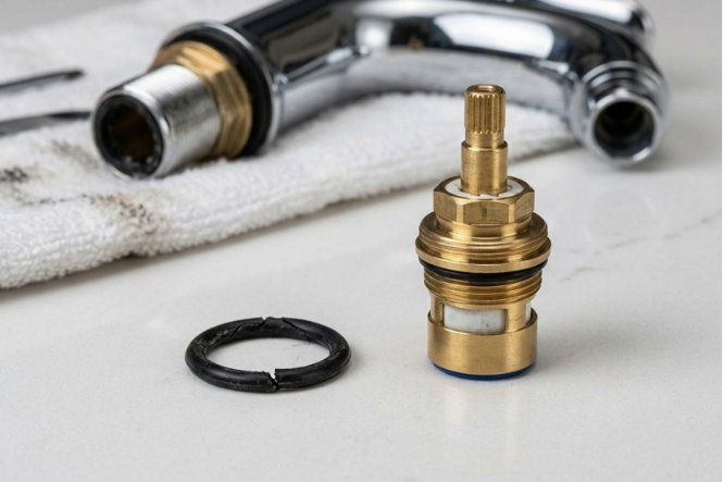 Cracked rubber O-ring and new brass faucet cartridge.