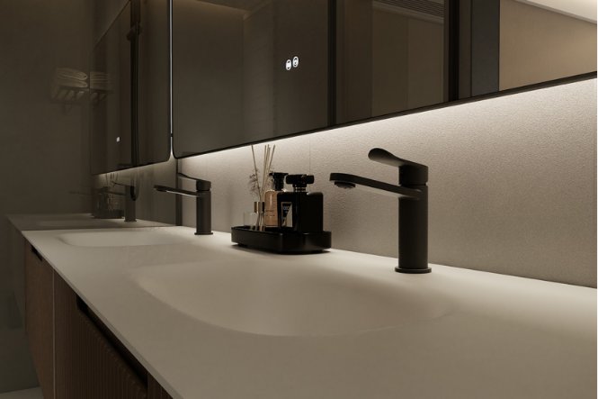 matte black minimalist single lever basin mixer on a modern oak bathroom vanity.