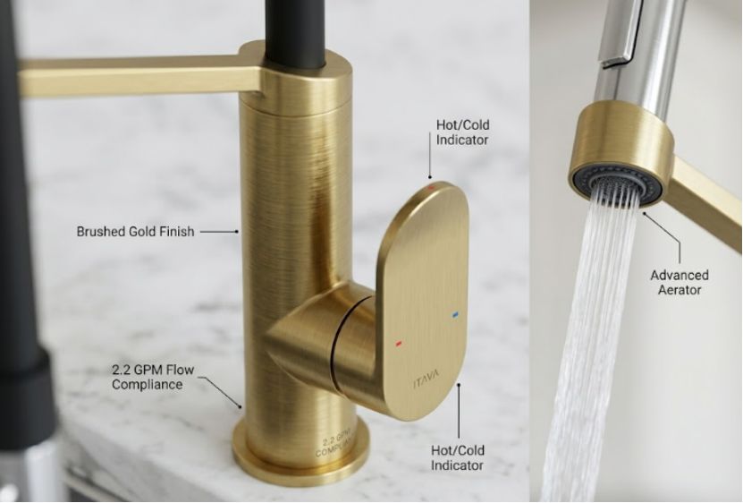 Close-up of a brushed gold faucet handle with ITAVA branding and compliance labels.