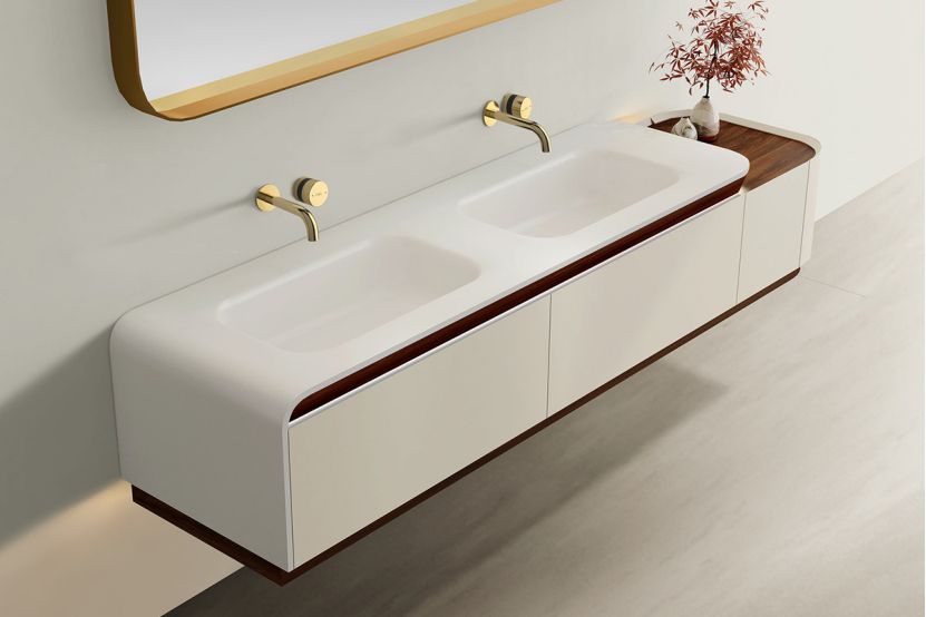 Modern grey double sink bathroom vanity with a large backlit LED mirror.