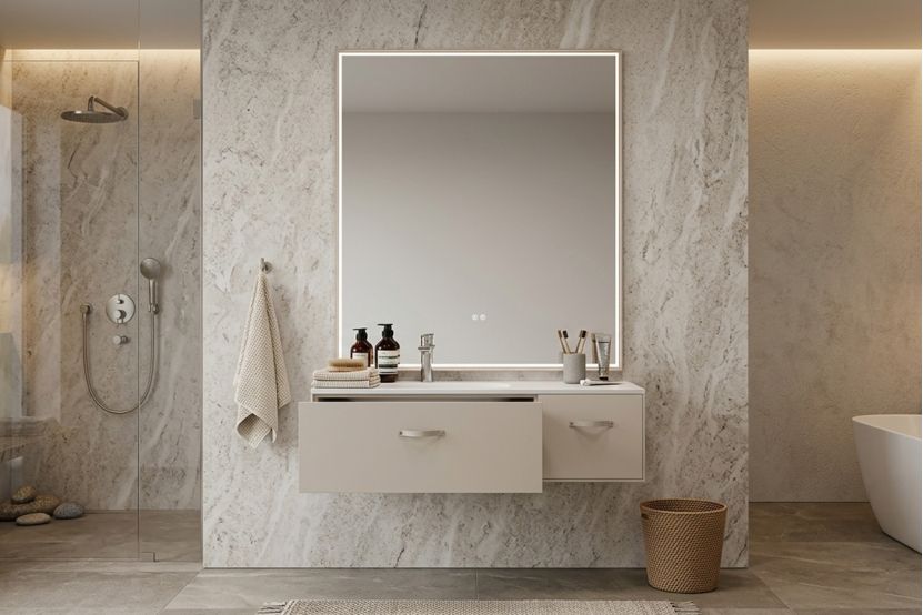 Modern wall-mounted bathroom cabinet with a quartz countertop.