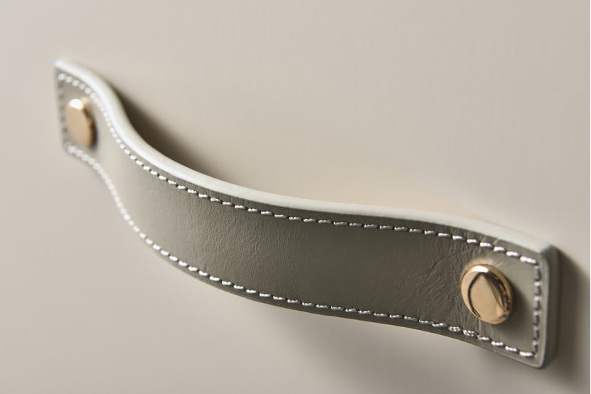 bathroom vanity leather handle detail.