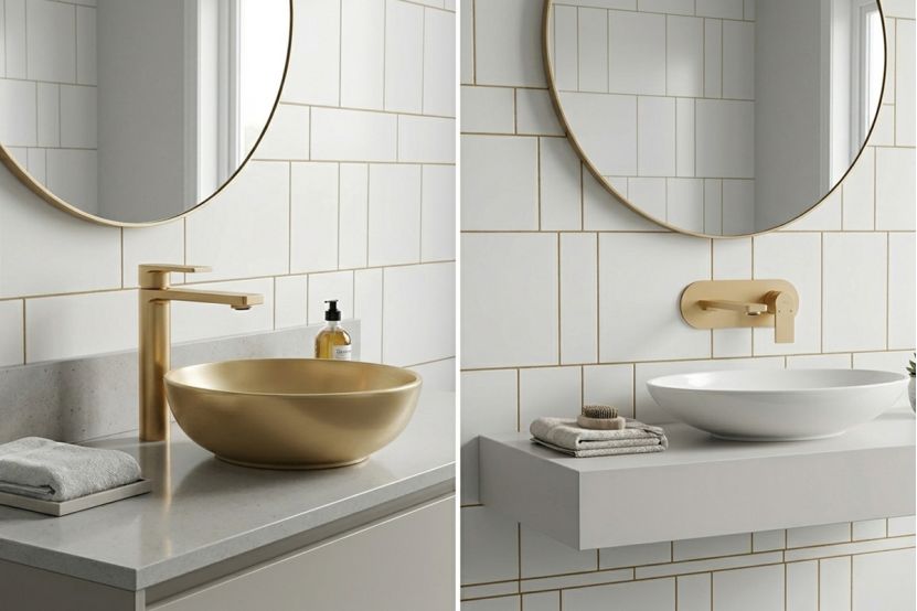 Brushed gold wall-mounted vs countertop bathroom faucet comparison