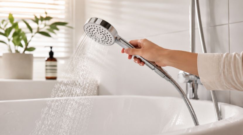 Chrome handheld shower spraying water into a bathtub