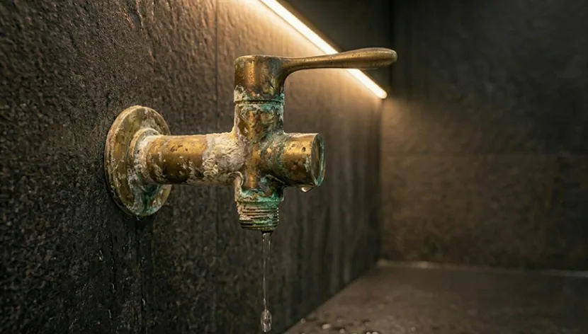 Leaking brass angle valve with hard water scale buildup
