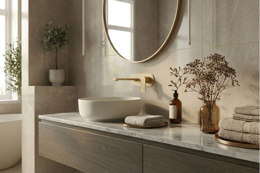 Modern brushed gold wall-mounted faucet with white vessel sink