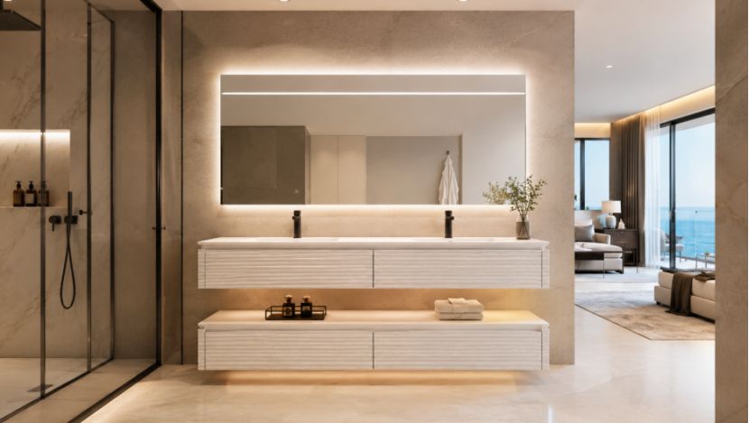 Modern floating double basin bathroom vanity with illuminated LED mirror in a hotel