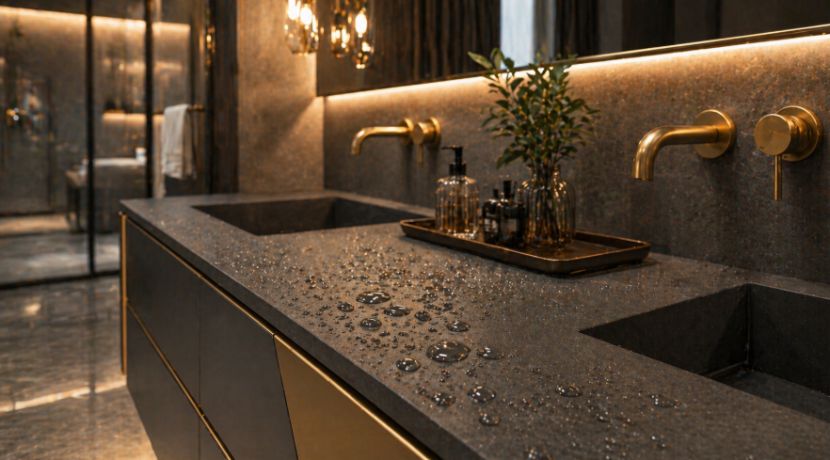 Sintered stone vanity with water droplets