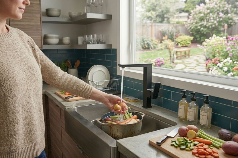 Using a black single lever kitchen faucet to fill a pot