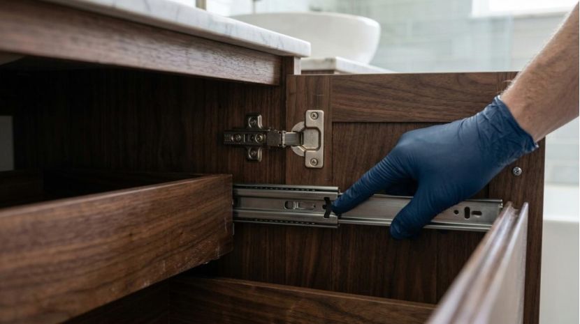 A quality control inspector holding a checklist while examining the edge of a bathroom cabinet in a factory