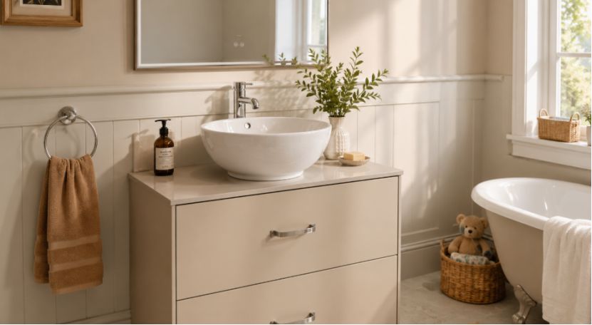 Classic bathroom vanity featuring a white ceramic vessel sink