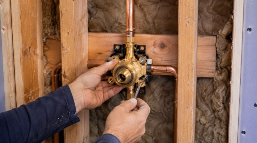 Close-up of a contractor installing a brass concealed shower valve into a wooden wall frame