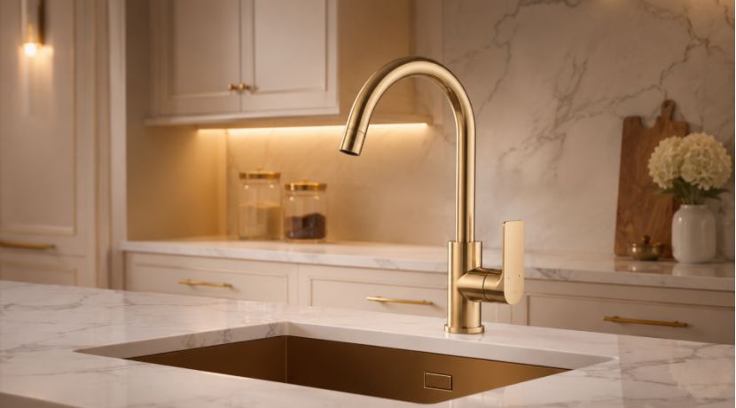 Luxury brushed gold kitchen mixer faucet on a marble countertop