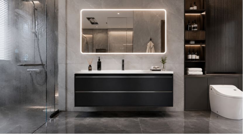 Modern black floating bathroom cabinet with LED mirror in a humid bathroom