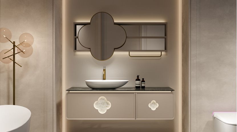 Modern-style beige solid wood wall-mounted bathroom vanity featuring a brushed gold single-basin sink and an LED-backlit mirror