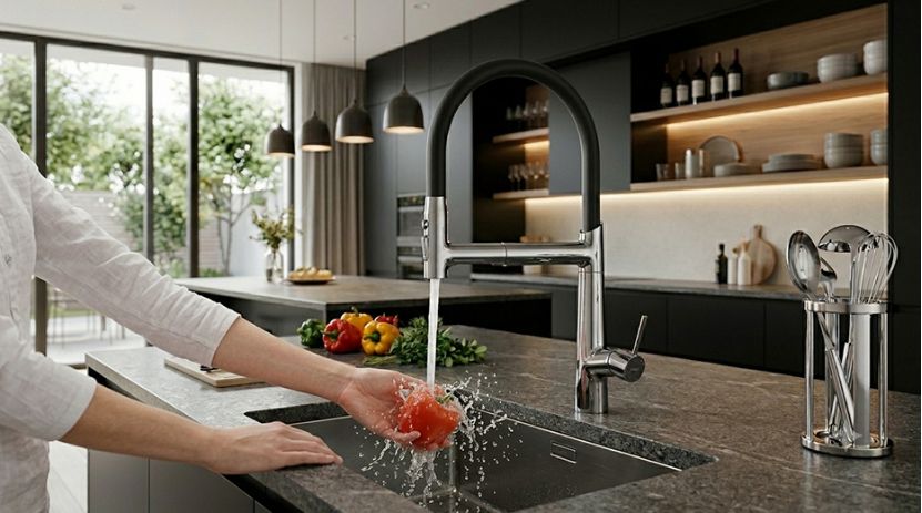 Person is washing ingredients using a modern, high-end solid brass kitchen mixer tap