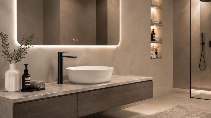 A luxurious, modern bathroom featuring a wooden vanity and a white above-counter basin