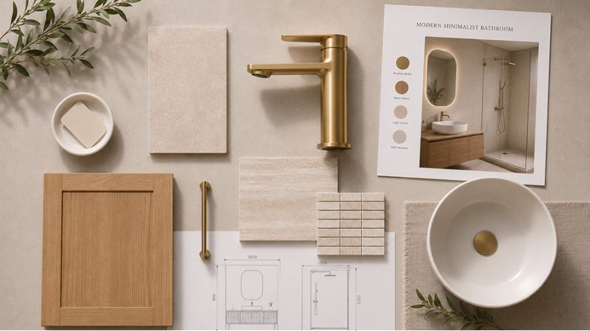 Bathroom design mood board flatlay showing brushed brass hardware, a wood cabinet sample, tile swatches, and design plans