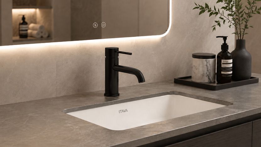 Close-up of a sleek matte black bathroom faucet and a matching shower set against grey stone tiles