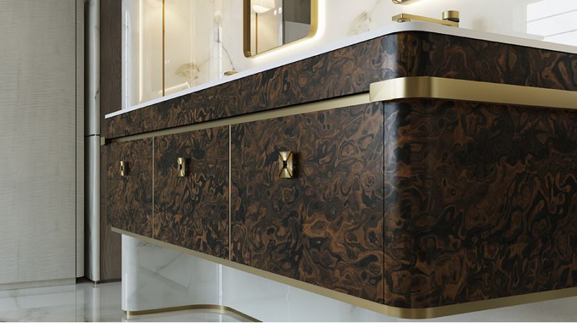 Solid wood double-sink bathroom vanity featuring brushed gold trim